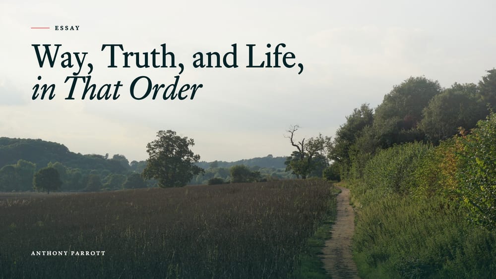 A dirt footpath runs along the edge of a field toward a line of trees under a pale sky, with the title Way, Truth, and Life, in That Order set in serif type