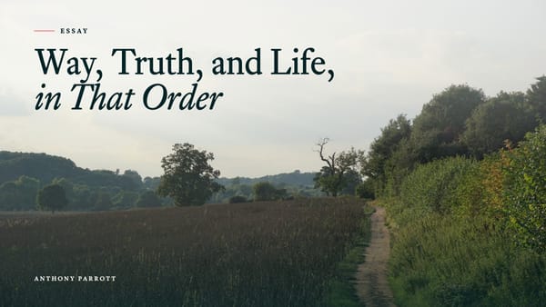 A dirt footpath runs along the edge of a field toward a line of trees under a pale sky, with the title Way, Truth, and Life, in That Order set in serif type
